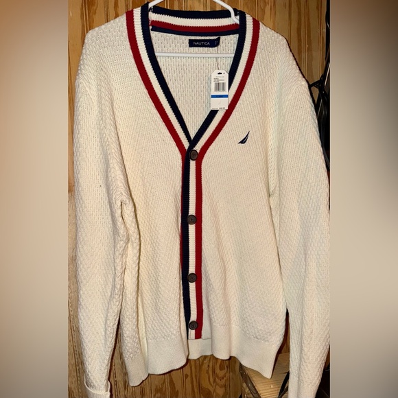 Nautica Men's Cream Cardigan with Red and Blue Trim - Picture 2 of 7